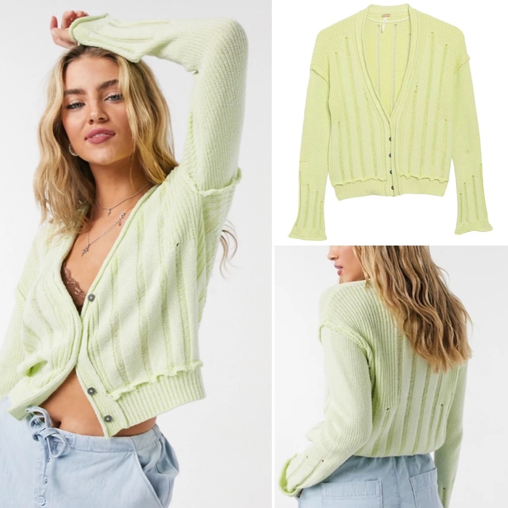 NWT Free People Stevie Distressed Cardigan Lime
